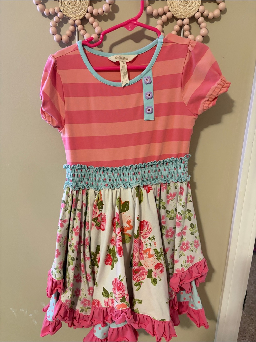 Matilda Jane Pink & Aqua Smocked Floral Casual Dress